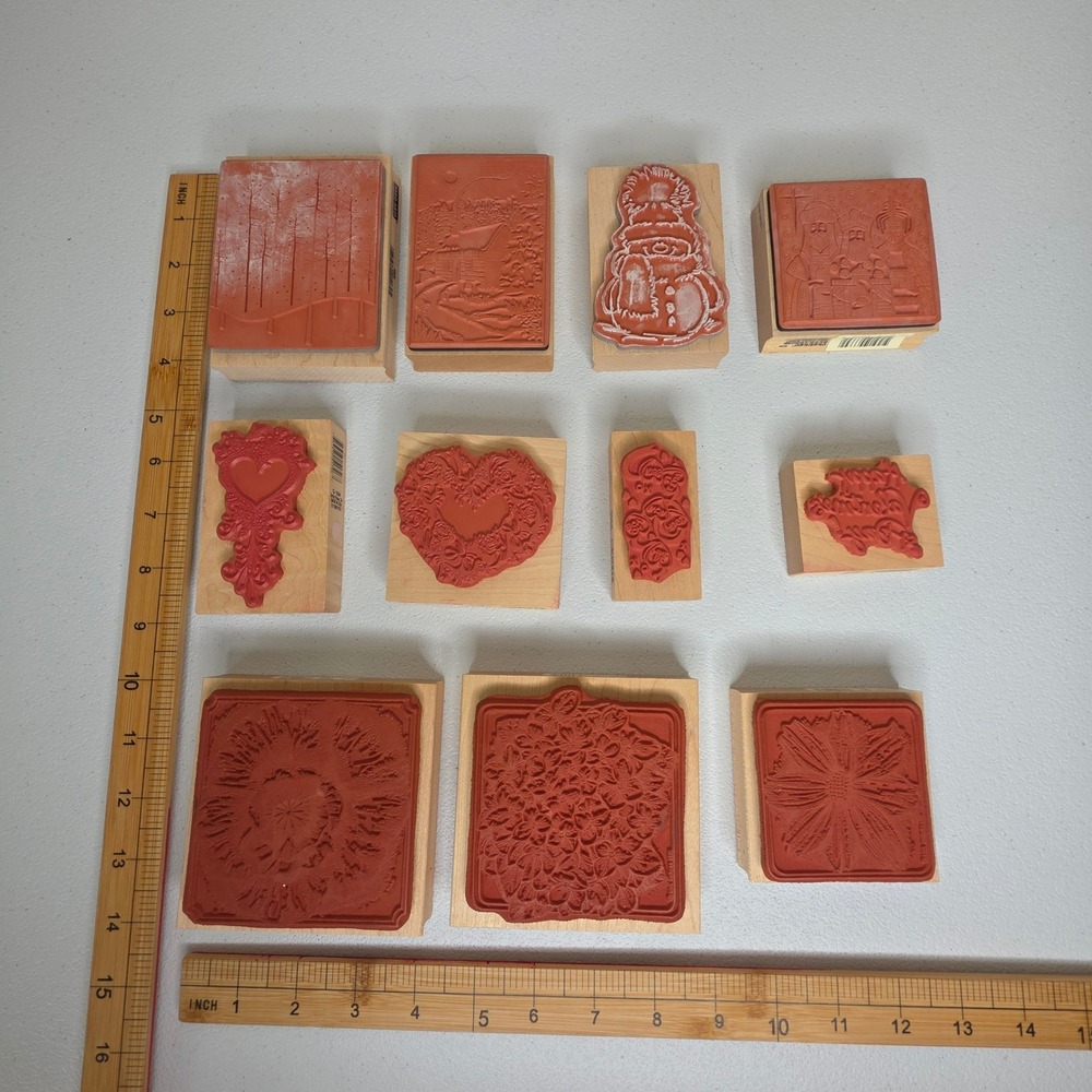 Stampin Up Rubber Stamps Mixed Lot 11pc Tan Winter Valentine Floral Wood Block - Picture 3 of 3